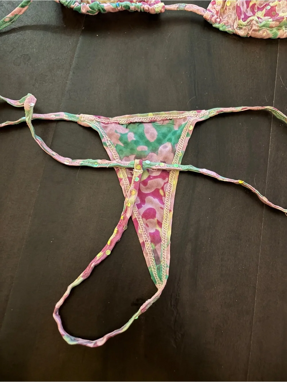 Vintage Y2K micro Sequin Triangle Bikini Pastel Pink & Green small festival rave